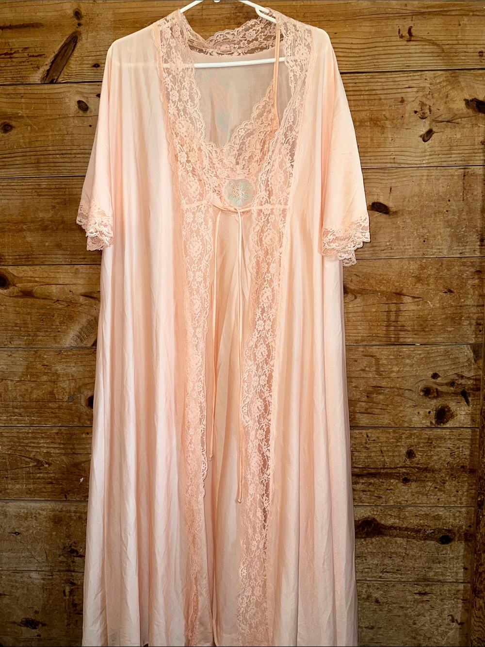 Vintage Shadowline Peach Lace-Trim Long Nightgown Robe Set